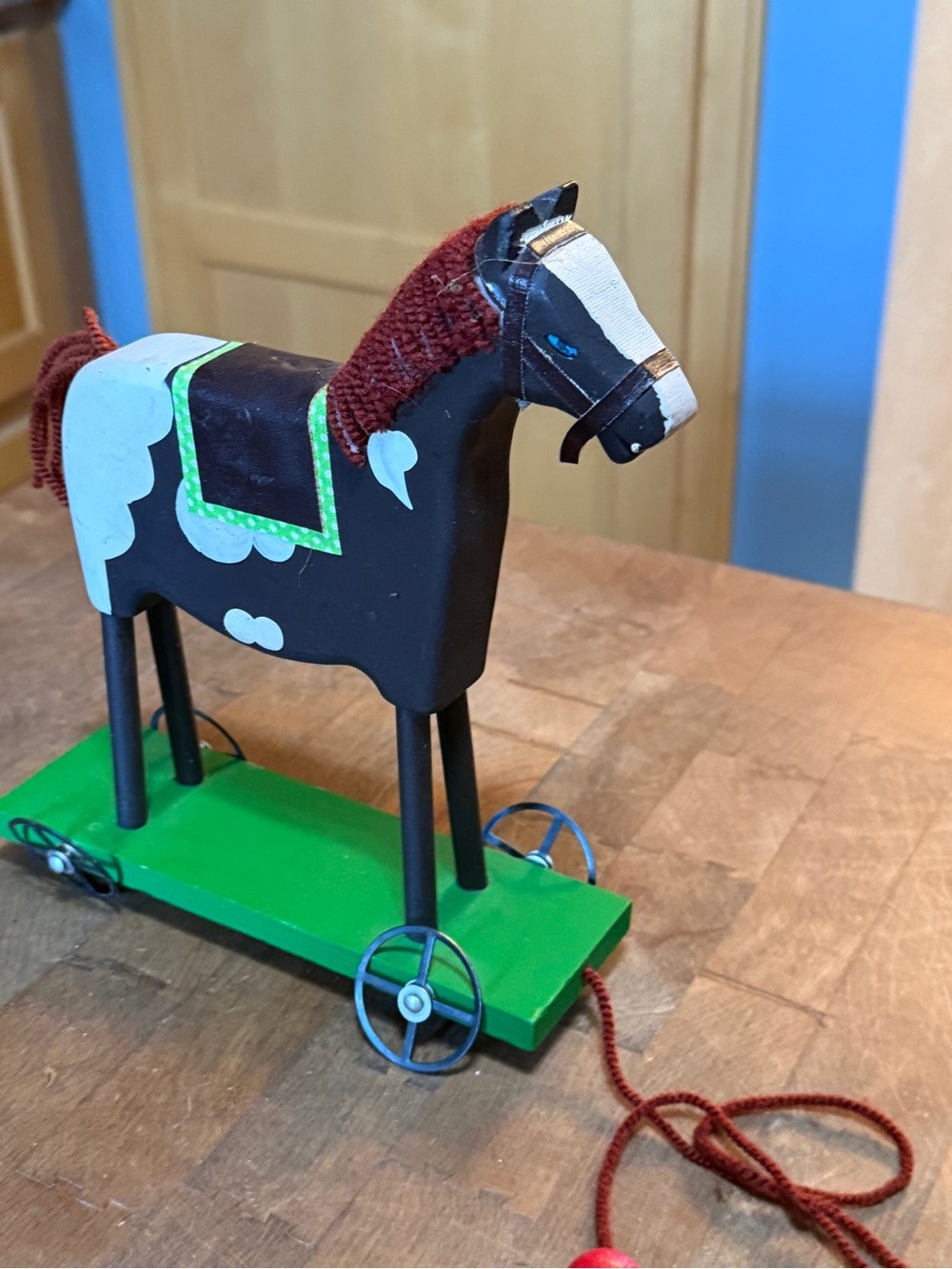 Vintage Folk Art Horse Wooden Pull-Along Toy Horse in Black and Green
